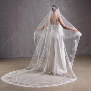 108" Wedding Cathedral Lace Veil with Blusher Light Ivory